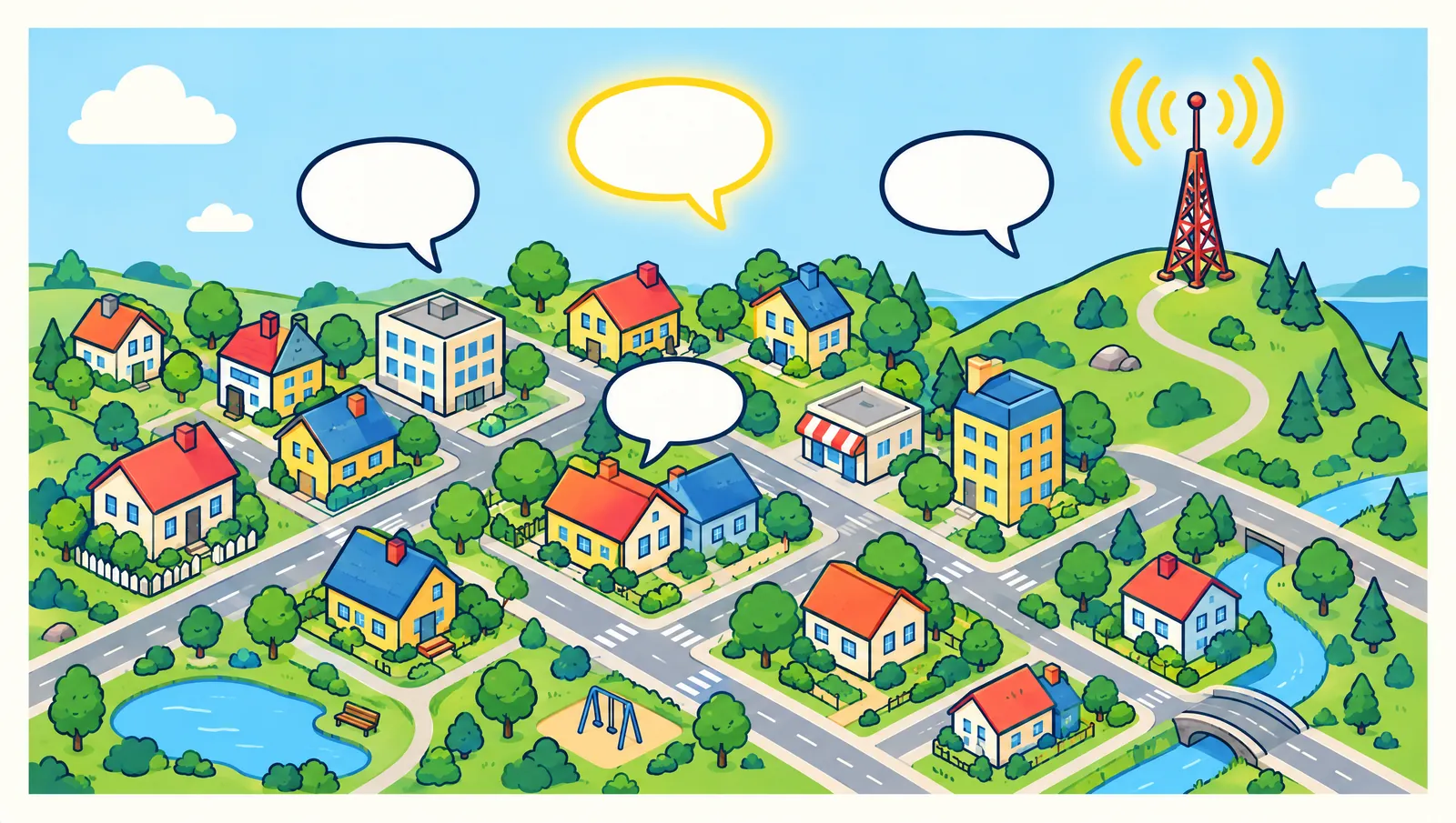 Illustration: Ein roter Funkturm am Rand einer bunten Cartoon-Stadt sendet gelbe Signalwellen zu leeren Sprechblasen über den Häusern; eine Sprechblase leuchtet hervorgehoben.