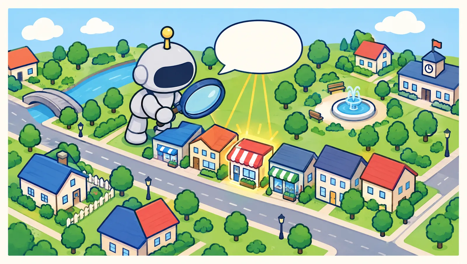 Illustration: In einer bunten Cartoon-Stadt hält ein freundlicher Roboter eine große Lupe über eine Häuserzeile; aus einer Sprechblase über ihm führen kleine gelbe Linien zu einem hervorgehobenen Laden.