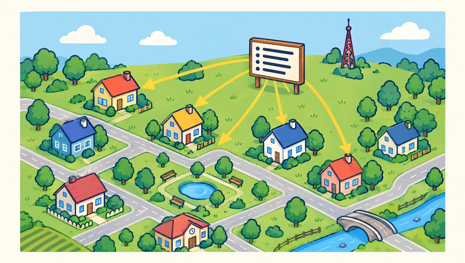 Illustration: Am Rand einer bunten Cartoon-Stadt steht ein roter Funkturm, davor ein kleines Schild mit einer aufgeschlagenen Textliste, von der gelbe Pfeile zu den Häusern der Stadt zeigen.