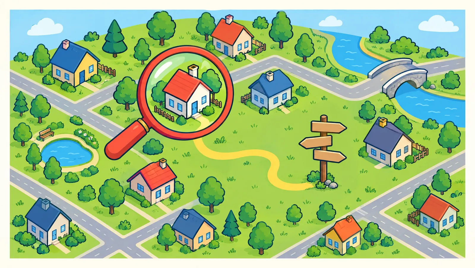 Illustration: Über einer bunten Cartoon-Stadt hält eine große rote Lupe über einem Haus, aus dem ein gelber Pfad zu einem Wegweiser mit leeren Schildern führt.